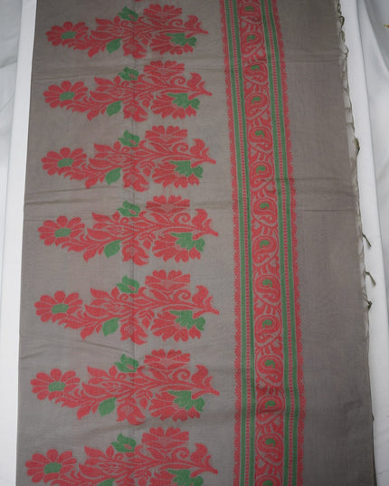 Bhavana Handlooms charcoal grey Coimbatore handloom saree featuring traditional elephant motifs and rani pink border.