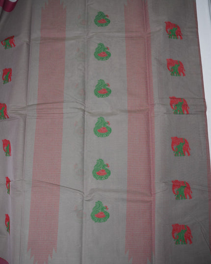Bhavana Handlooms charcoal grey Coimbatore handloom saree featuring traditional elephant motifs and rani pink border.