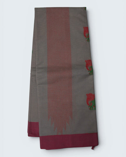 Bhavana Handlooms charcoal grey Coimbatore handloom saree featuring traditional elephant motifs and rani pink border.