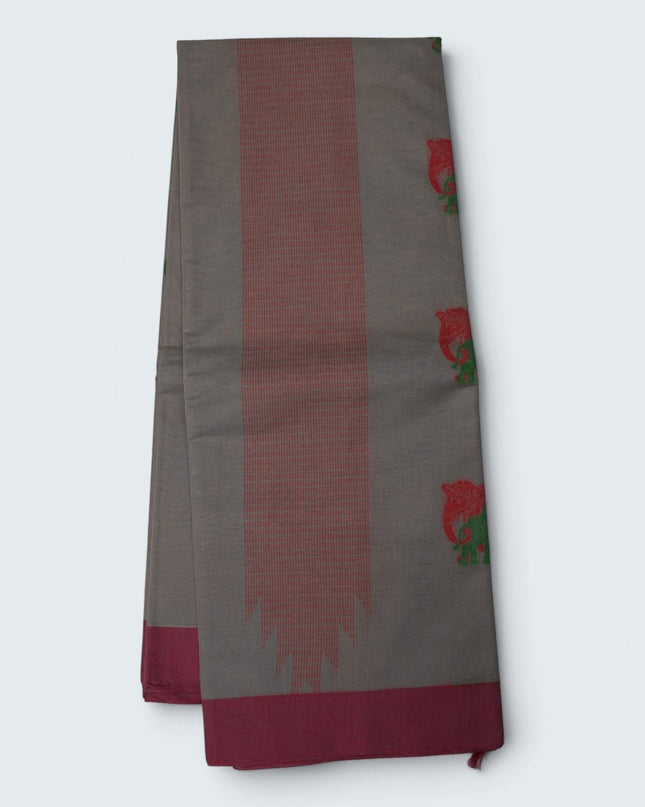 Bhavana Handlooms charcoal grey Coimbatore handloom saree featuring traditional elephant motifs and rani pink border.