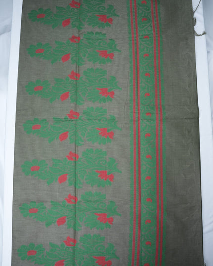 Bhavana Handlooms charcoal grey handloom saree featuring traditional elephant motifs and a contrast rani pink border.