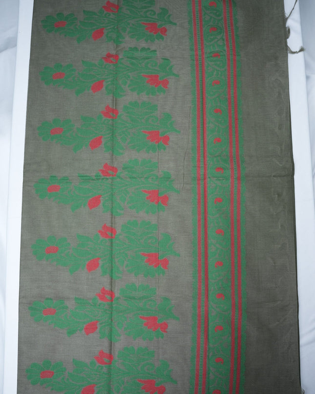 Bhavana Handlooms charcoal grey handloom saree featuring traditional elephant motifs and a contrast rani pink border.