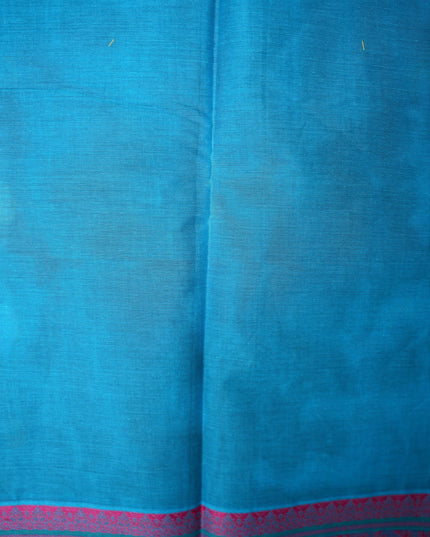 Bhavana Handlooms aqua blue Coimbatore handloom saree featuring traditional peacock motifs and a rani pink woven border
