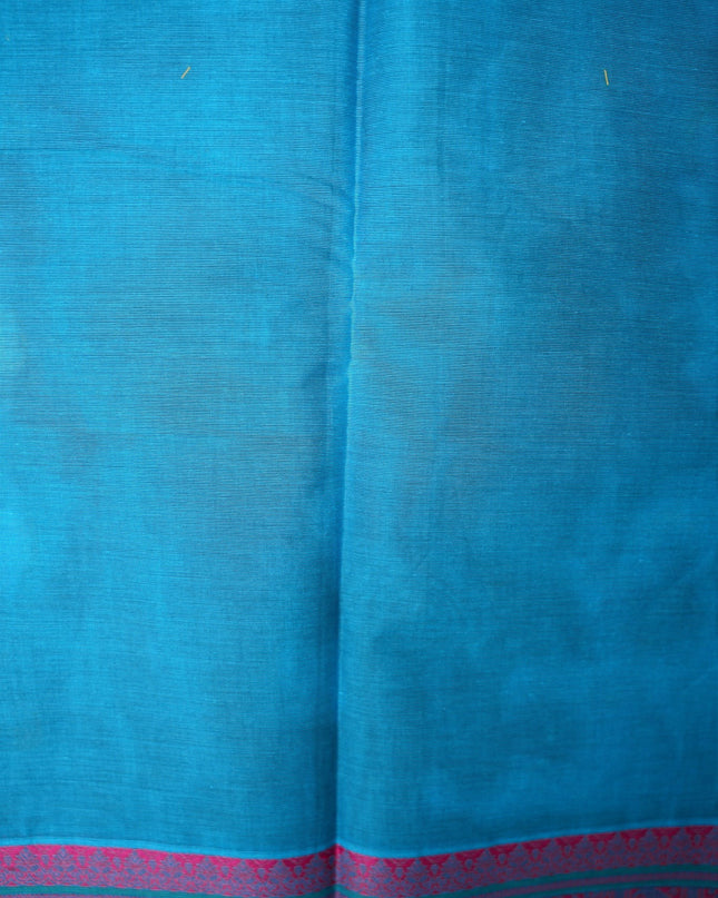 Bhavana Handlooms aqua blue Coimbatore handloom saree featuring traditional peacock motifs and a rani pink woven border