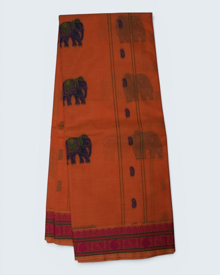 Bhavana Handlooms peach orange Coimbatore handloom saree featuring traditional elephant motifs and a rani pink border.