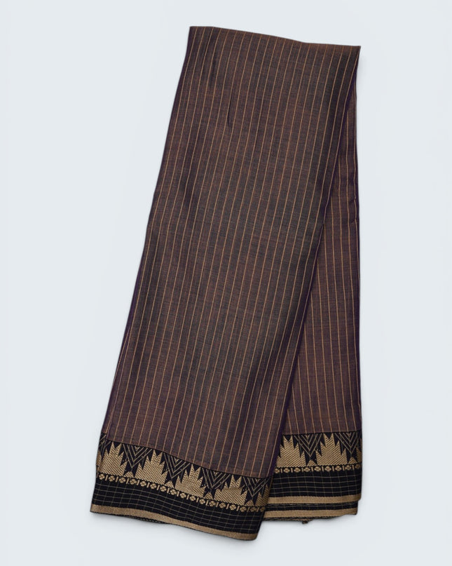 Bhavana Handlooms deep plum mercerized cotton saree with thin gold stripes and a traditional black and gold geometric border. Lightweight drape.