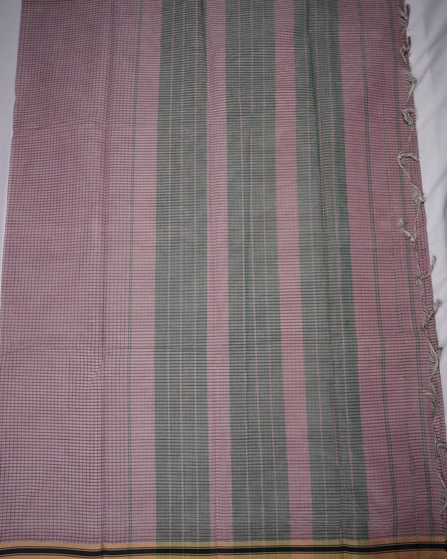 Bhavana Handlooms dusty rose mercerized cotton saree with green and black stripes and a traditional border. Lightweight drape.