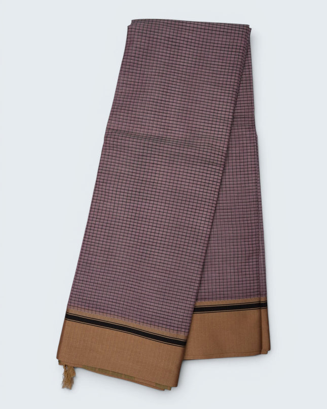 Bhavana Handlooms dusty rose mercerized cotton saree with black checks and a traditional gold border. Lightweight and soft finish.