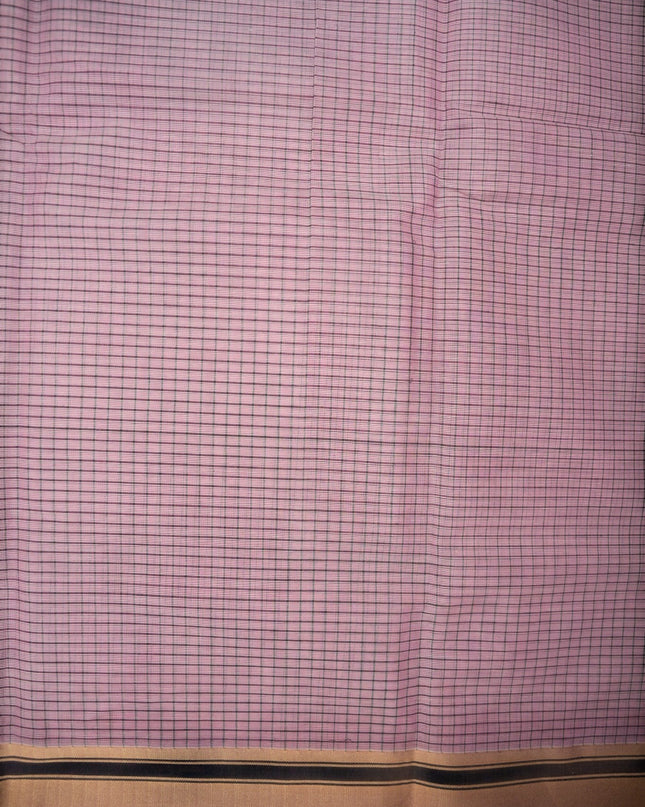 Bhavana Handlooms dusty rose mercerized cotton saree with fine checks and a traditional gold and black border. Lightweight and soft.