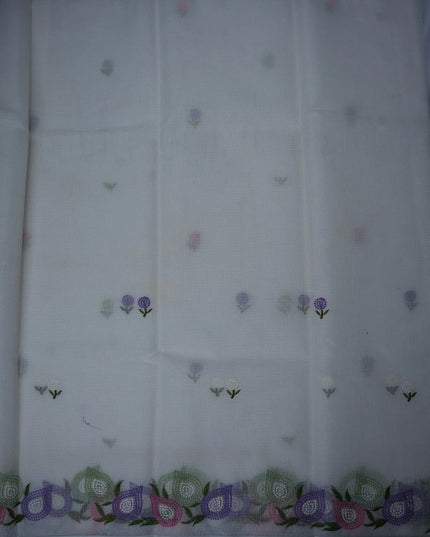 Bhavana Handlooms ivory white silk Kota saree featuring multicolor floral embroidery and silver zari border.