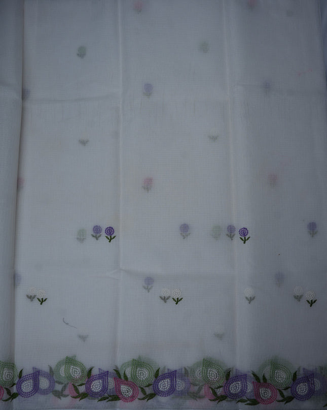 Bhavana Handlooms ivory white silk Kota saree featuring multicolor floral embroidery and silver zari border.