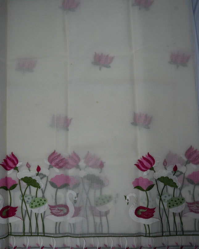 Bhavana Handlooms ivory white silk Kota saree featuring delicate pink lotus and swan embroidery with detailed border
