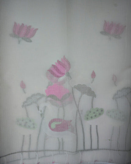 Bhavana Handlooms ivory white silk Kota saree featuring delicate pink lotus and swan embroidery with an elegant border