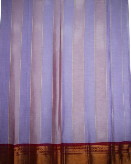 Bhavana Handlooms traditional woven cotton saree in lavender and pink stripes with a maroon and gold border.