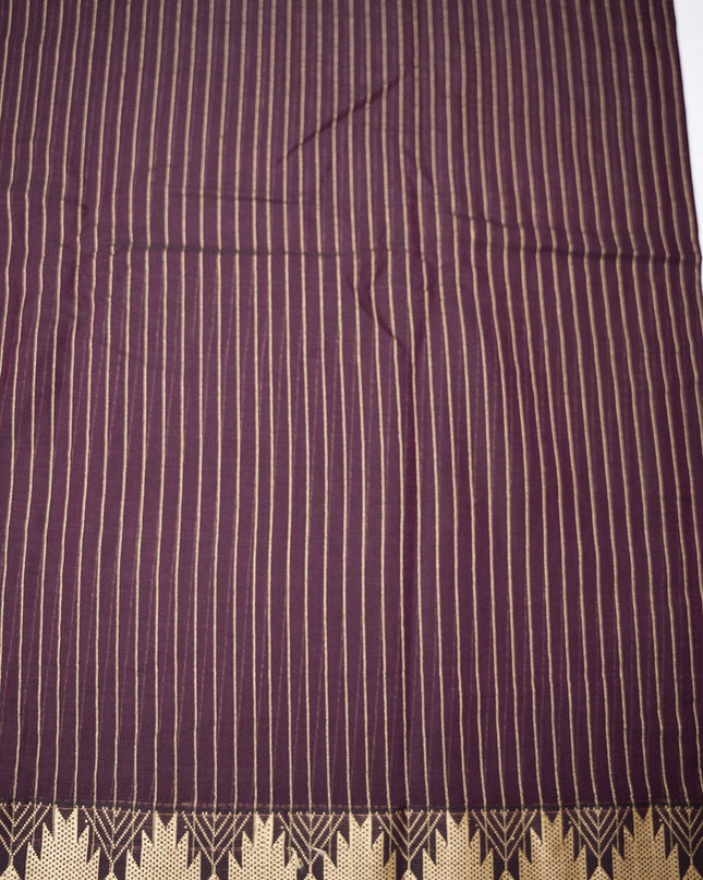 Bhavana Handlooms deep maroon mercerized cotton saree with thin cream stripes and a traditional geometric border. Lightweight.