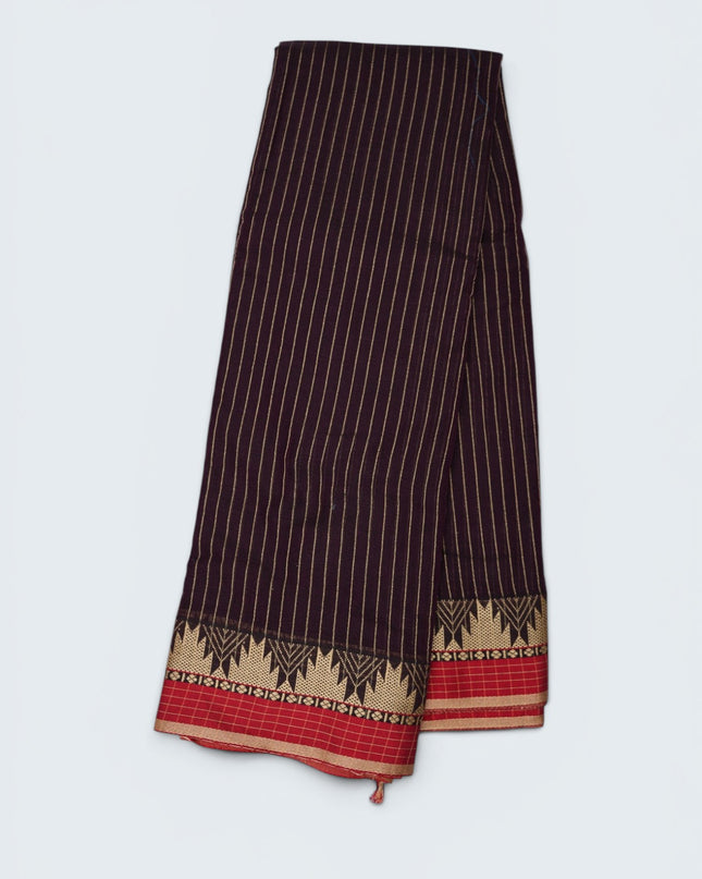 Bhavana Handlooms deep maroon mercerized cotton saree with thin gold stripes and a traditional geometric border in red and gold.