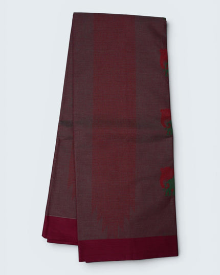 Bhavana Handlooms maroon Coimbatore handloom saree featuring traditional elephant motifs and a contrast rani pink border