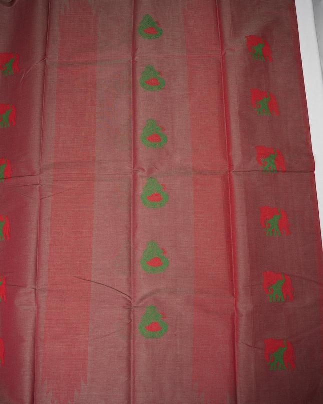 Bhavana Handlooms maroon Coimbatore handloom saree featuring green and red elephant motifs and a contrast rani pink border