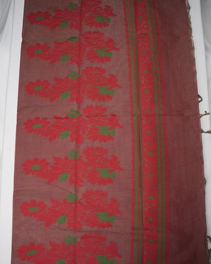 Bhavana Handlooms maroon cotton saree featuring traditional elephant motifs and a contrast rani pink woven border