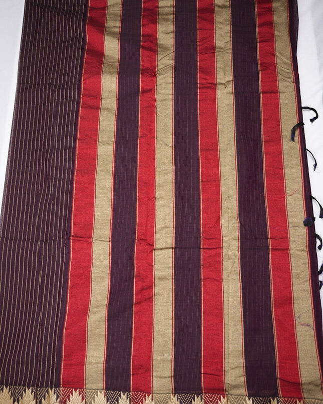 Bhavana Handlooms deep maroon, red, and gold striped mercerized cotton saree with a traditional border and soft finish.