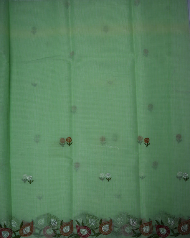 Bhavana Handlooms mint green silk Kota saree featuring delicate floral embroidery and a multicolor designer border.