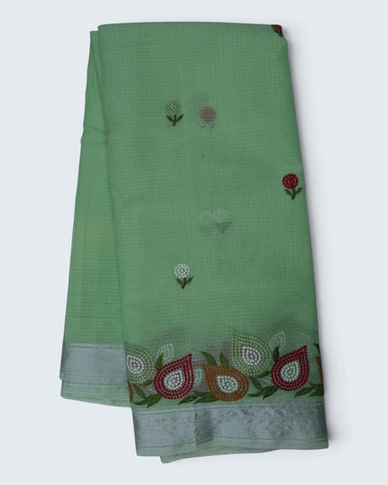 Bhavana Handlooms mint green silk kota saree with delicate floral embroidery and a multicolor designer border.