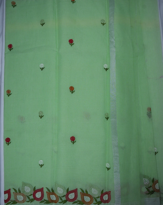 Bhavana Handlooms mint green silk Kota saree featuring delicate floral embroidery motifs and a multicolor border.