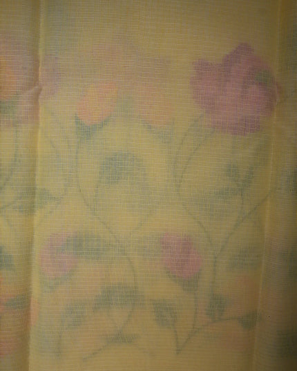Bhavana Handlooms mustard yellow silk Kota saree featuring delicate all-over floral embroidery and a woven border