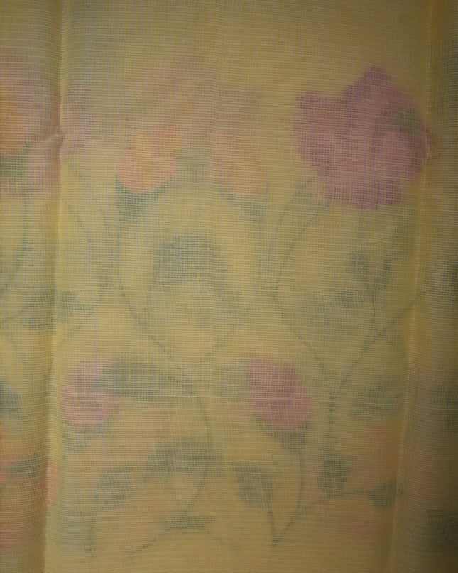 Bhavana Handlooms mustard yellow silk Kota saree featuring delicate all-over floral embroidery and a woven border