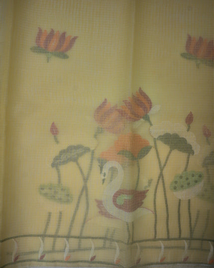 Bhavana Handlooms mustard yellow silk Kota saree featuring intricate swan and lotus embroidery and a decorative border.