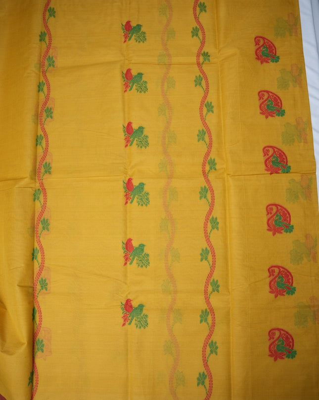 Bhavana Handlooms mustard yellow Coimbatore handloom saree with traditional red and green bird motifs and contrast border