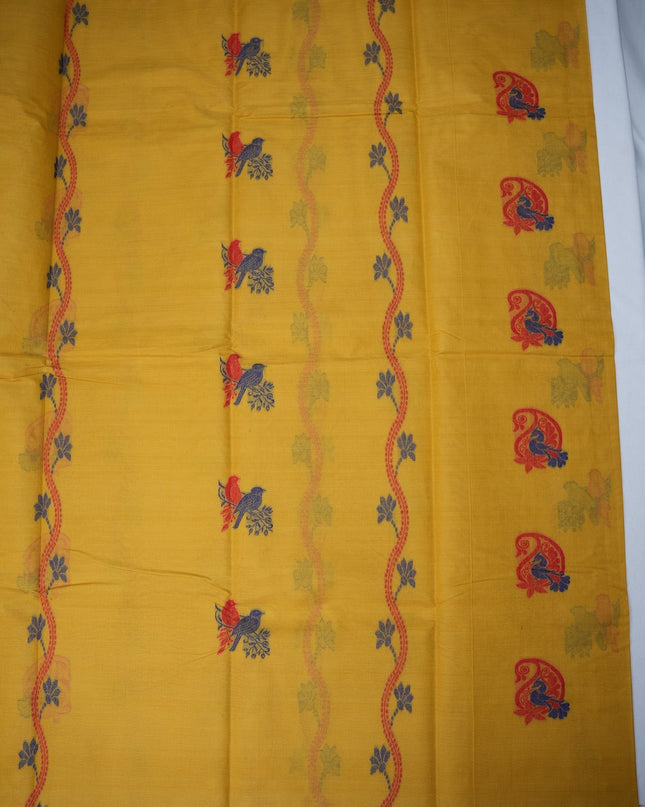 Bhavana Handlooms mustard yellow Coimbatore handloom saree with traditional bird motifs and contrast maroon border