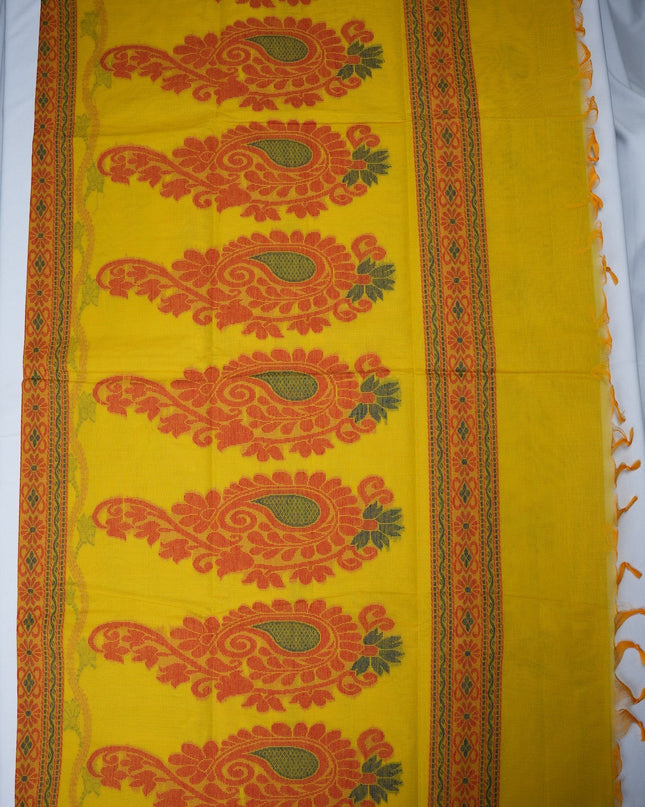 Bhavana Handlooms mustard yellow Coimbatore handloom saree featuring traditional orange bird motifs and woven border