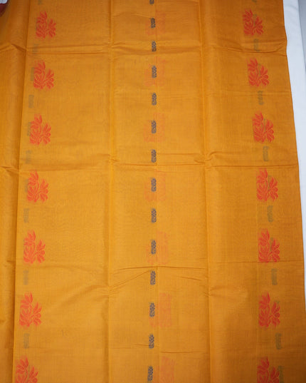 Bhavana Handlooms mustard yellow Coimbatore handloom saree featuring traditional red floral butta motifs and zari border