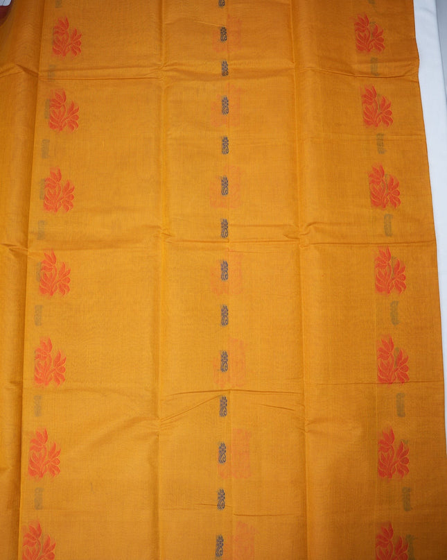 Bhavana Handlooms mustard yellow Coimbatore handloom saree featuring traditional red floral butta motifs and zari border