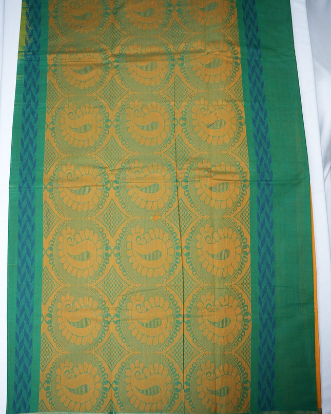Bhavana Handlooms mustard yellow Coimbatore handloom saree featuring traditional green floral butta motifs and borders