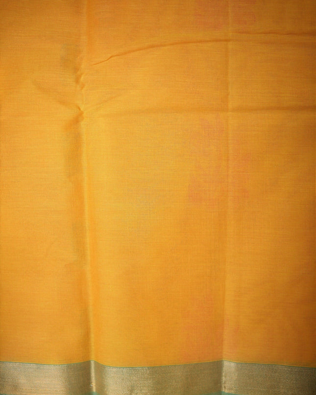 Bhavana Handlooms mustard yellow Coimbatore handloom saree featuring traditional floral butta motifs and a zari border.