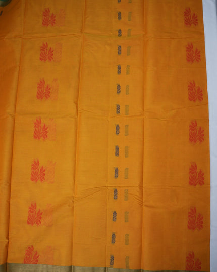 Bhavana Handlooms mustard yellow Coimbatore handloom saree with red floral butta motifs and green border