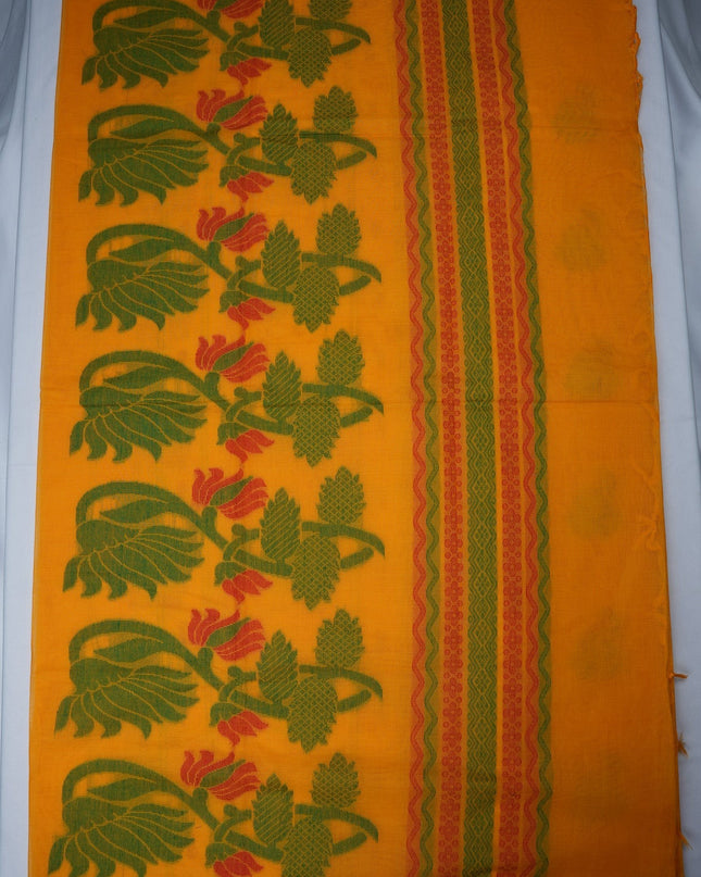 Bhavana Handlooms mustard yellow Coimbatore handloom saree with green elephant motifs and contrast rani pink border