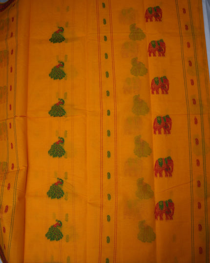 Bhavana Handlooms mustard yellow Coimbatore handloom saree with traditional elephant motifs and rani pink woven border