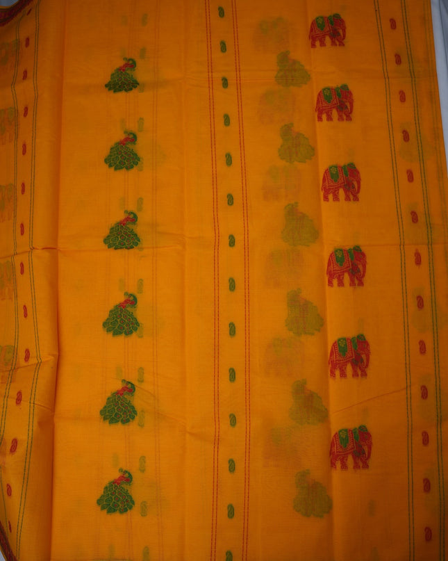 Bhavana Handlooms mustard yellow Coimbatore handloom saree with traditional elephant motifs and rani pink woven border