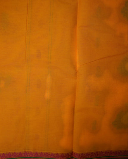 Bhavana Handlooms mustard yellow Coimbatore handloom saree featuring traditional elephant motifs and a rani pink border