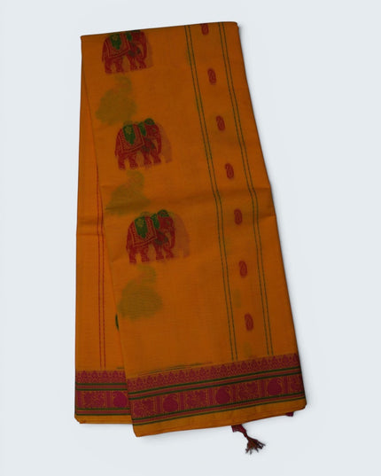 Bhavana Handlooms mustard yellow Coimbatore handloom saree featuring traditional elephant motifs and a rani pink border.