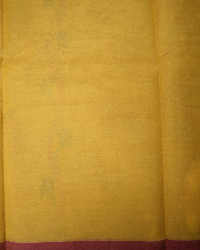 Bhavana Handlooms mustard yellow Coimbatore handloom saree featuring traditional bird motifs and a maroon woven border