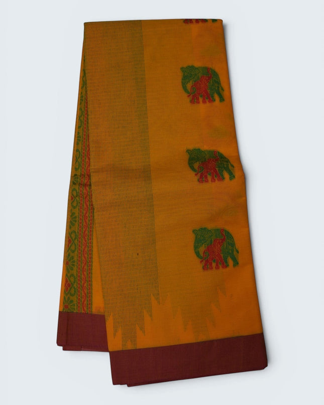 Bhavana Handlooms mustard yellow Coimbatore handloom saree with green and red elephant motifs and maroon woven border