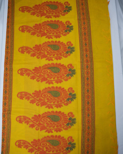 Bhavana Handlooms mustard yellow Coimbatore handloom saree featuring traditional elephant motifs and maroon woven border