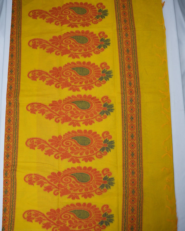 Bhavana Handlooms mustard yellow Coimbatore handloom saree featuring traditional elephant motifs and maroon woven border