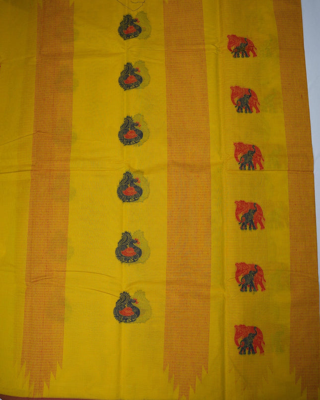 Bhavana Handlooms mustard yellow Coimbatore handloom saree with traditional elephant motifs and maroon woven border.