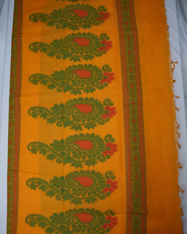 Bhavana Handlooms mustard yellow Coimbatore handloom saree featuring green elephant motifs and a contrast maroon border.