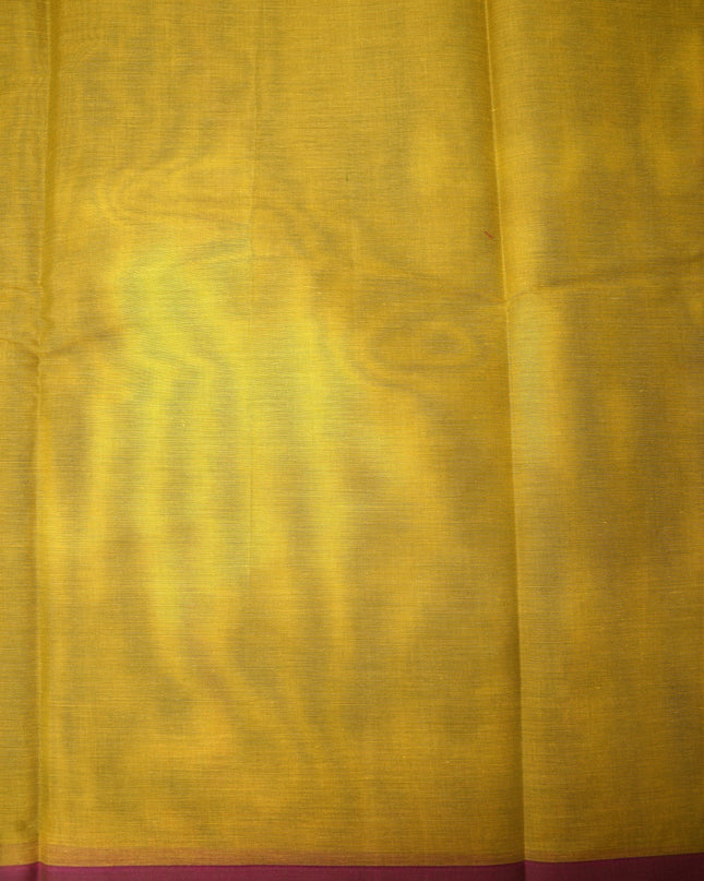 Bhavana Handlooms mustard yellow Coimbatore handloom saree with a contrast maroon woven border and fine fabric texture.